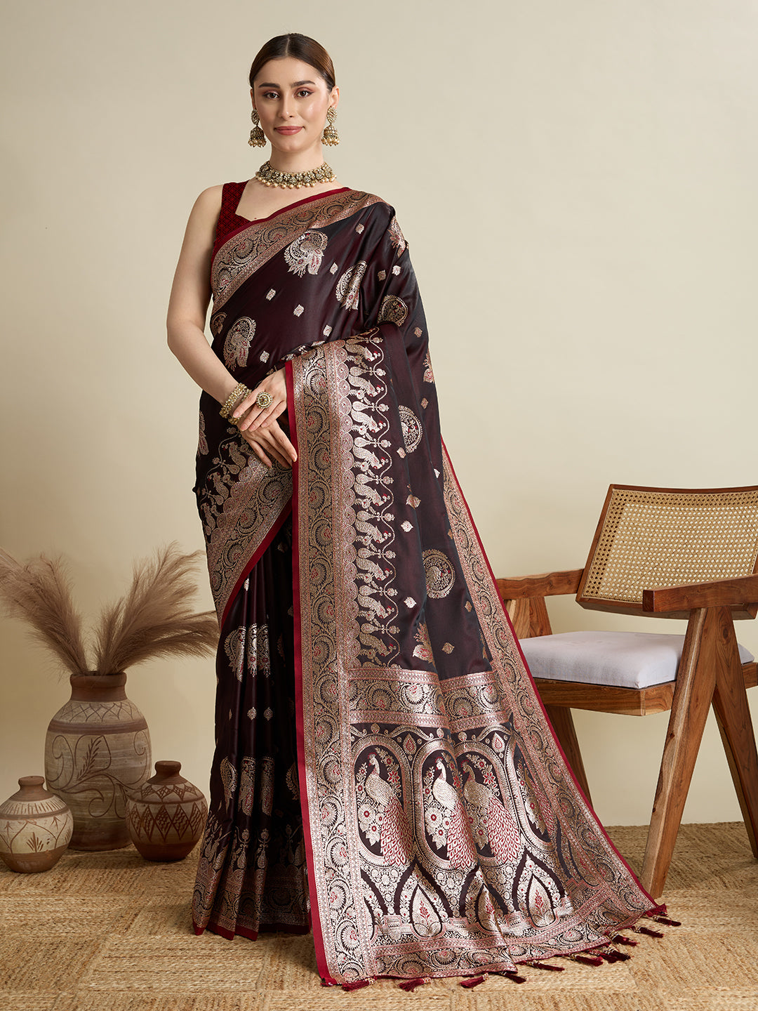 Deep Maroon satin saree with gold Jari motifs and unstitched Paithani silk blouse