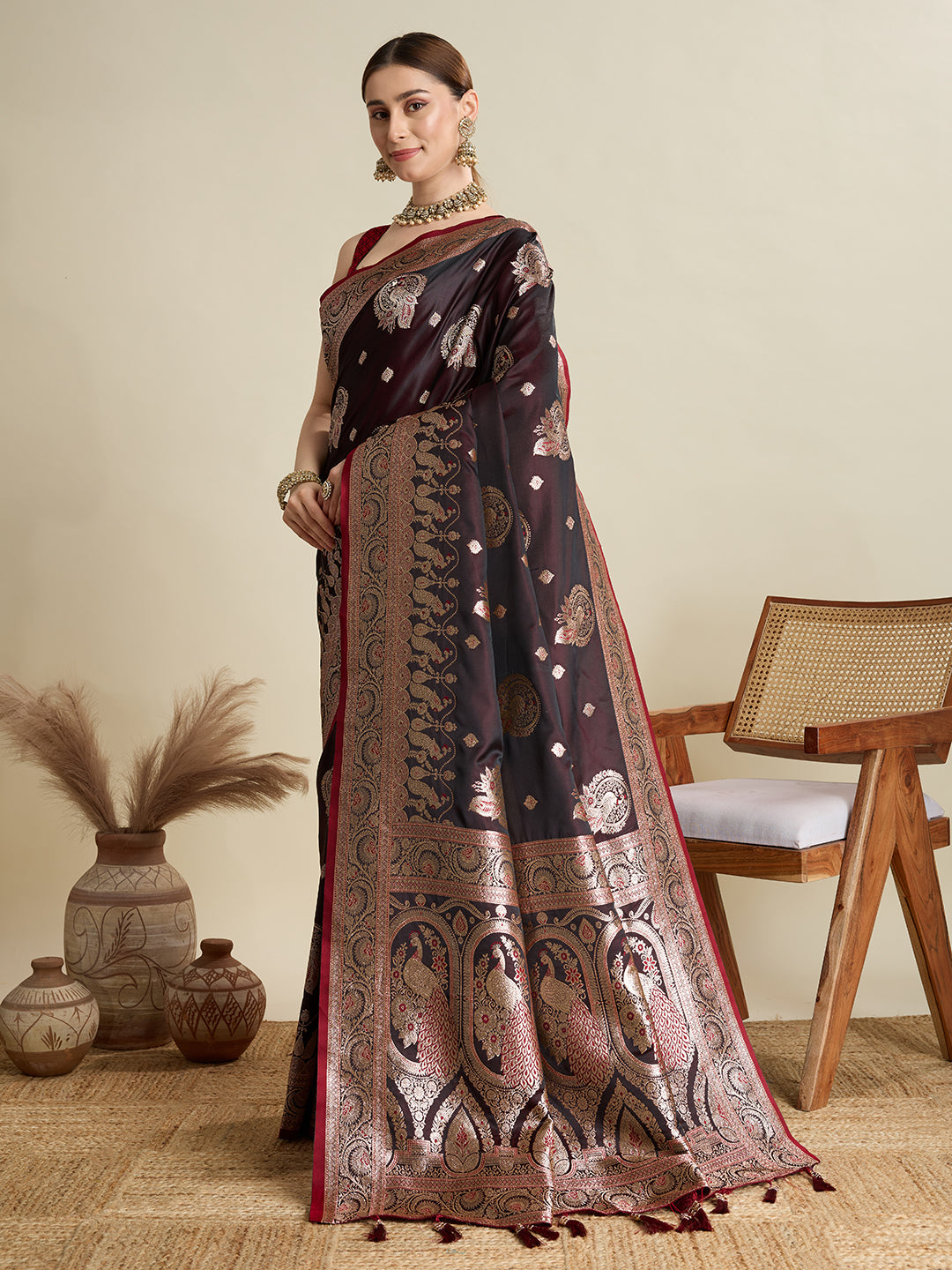 Deep Maroon Satin Saree with Jari Motifs and Paithani Silk Blouse