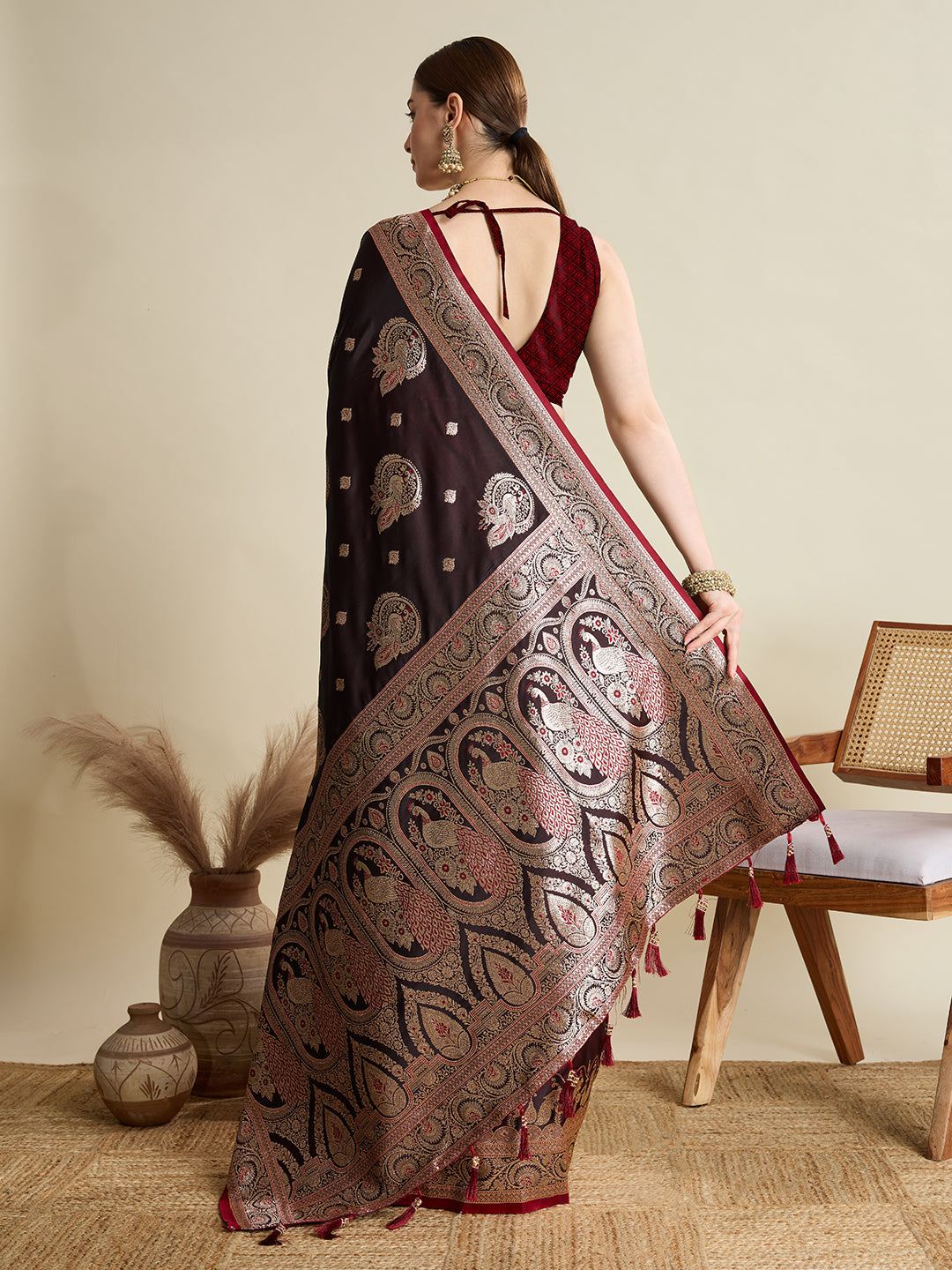 Deep Maroon Satin Saree with Jari Motifs and Paithani Silk Blouse