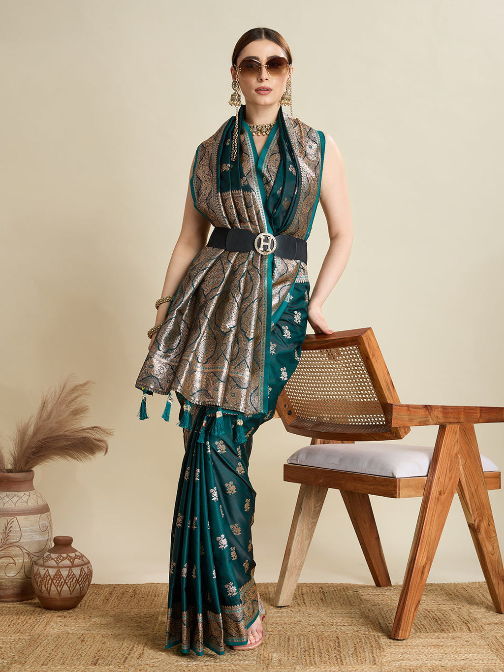 Green Satin Saree with Jari Motifs and Unstitched Blouse Piece