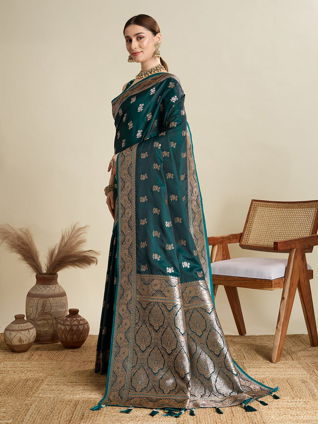 Green Satin Saree with Jari Motifs and Unstitched Blouse Piece