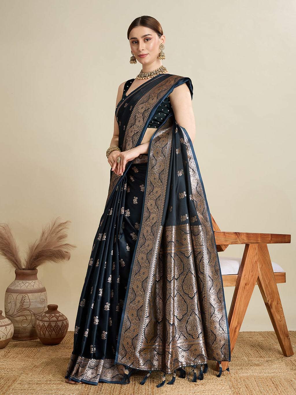 Black Satin Saree with Jari Motifs and Unstitched Blouse