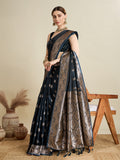 Black Satin Saree with Jari Motifs and Unstitched Blouse