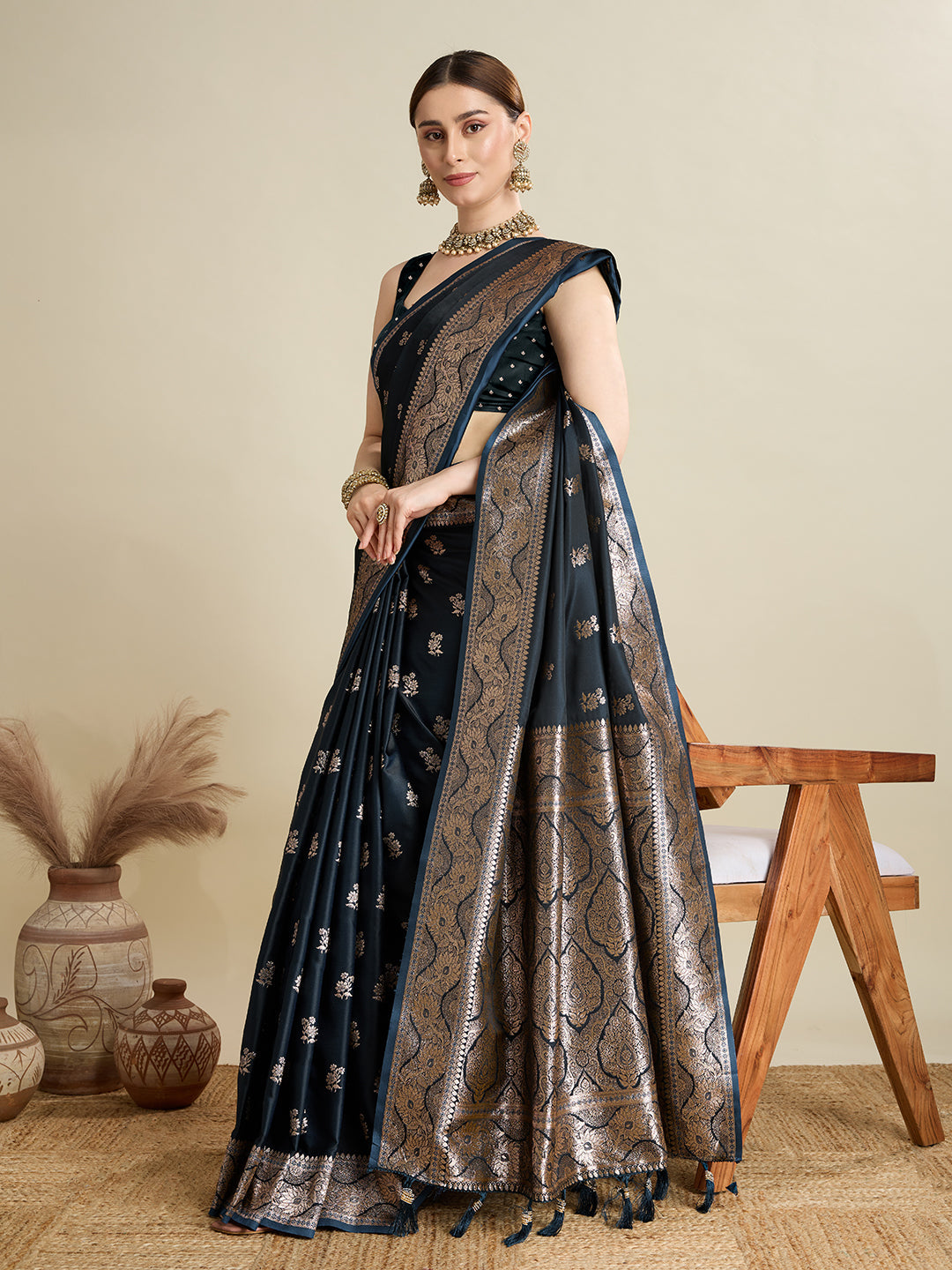 Black Satin Saree with Jari Motifs and Unstitched Blouse