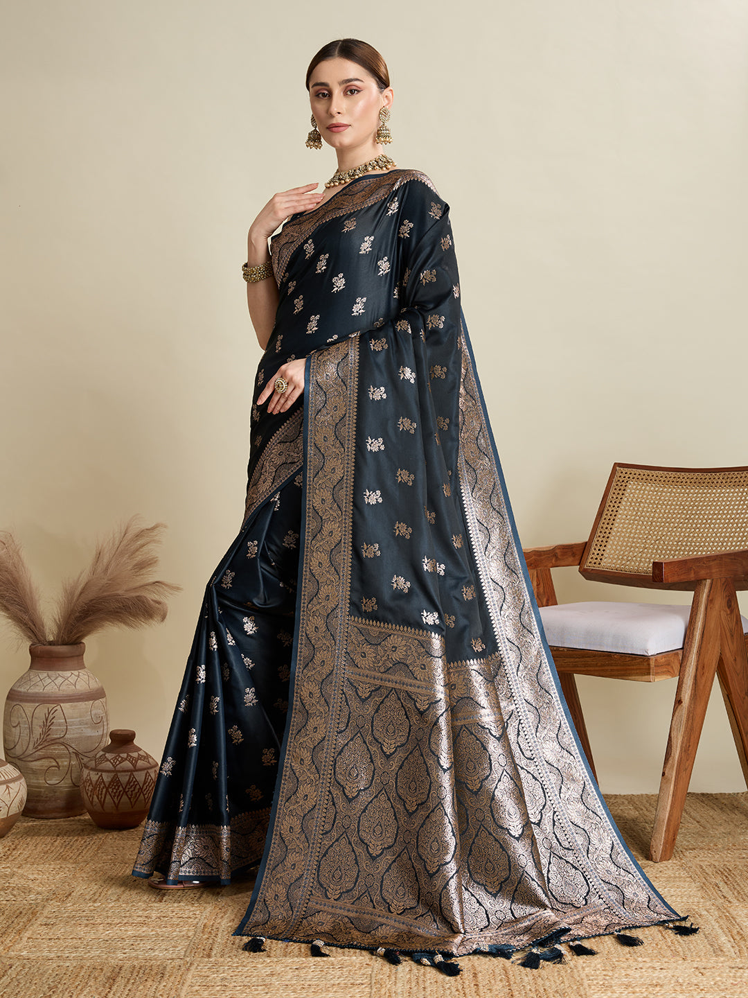 Black Satin Saree with Jari Motifs and Unstitched Blouse