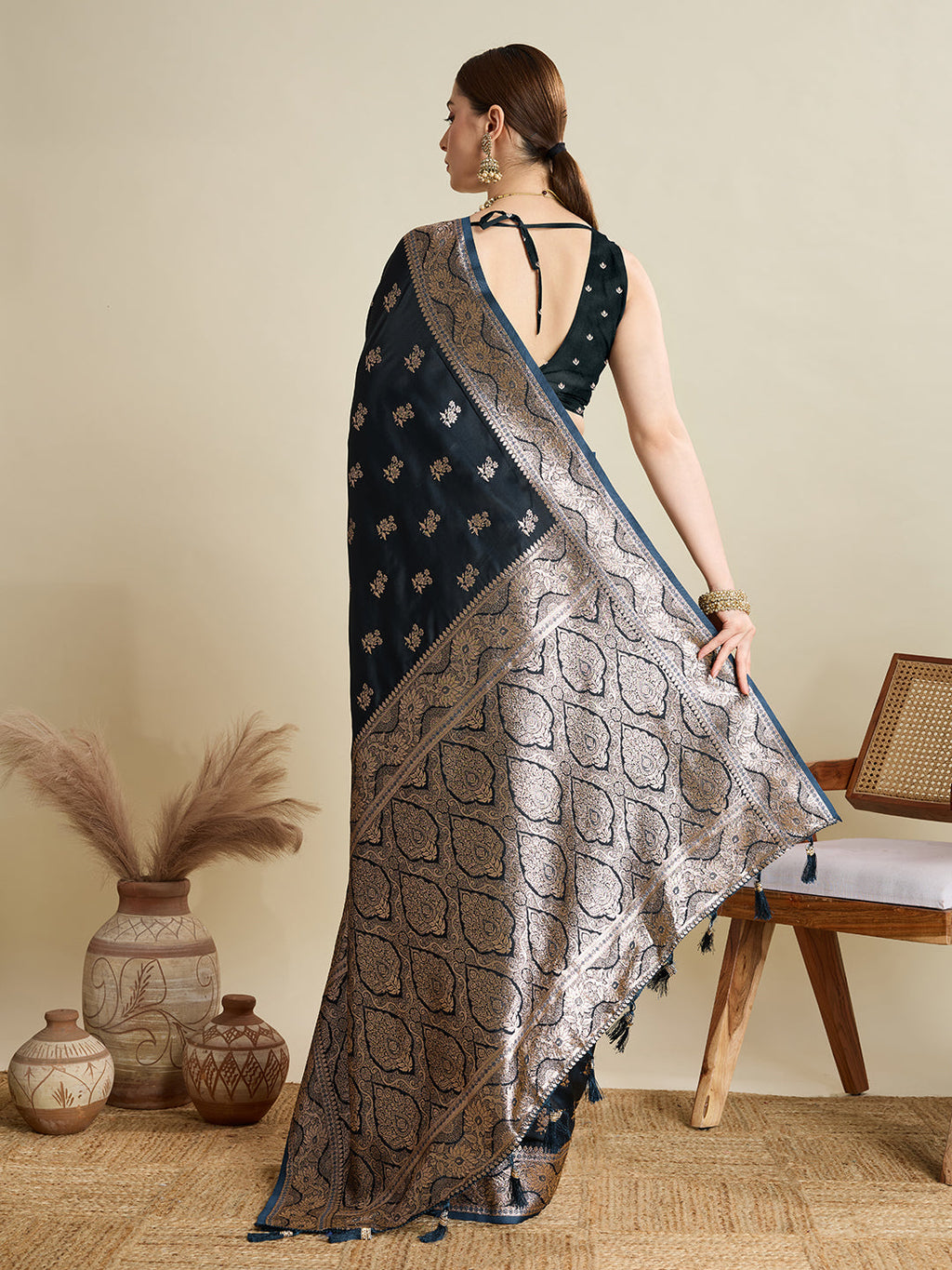 Black Satin Saree with Jari Motifs and Unstitched Blouse