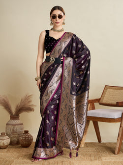 Deep Maroon Satin Wedding Saree with Jari Motifs & Pallu