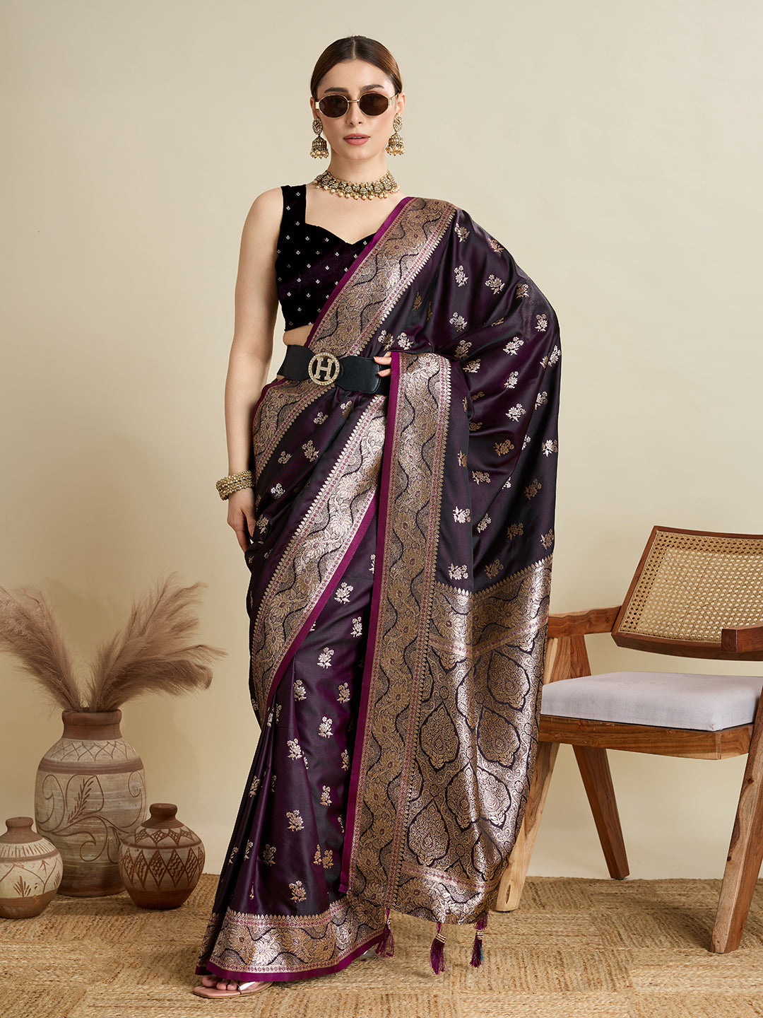 Deep Maroon Satin Wedding Saree with Jari Motifs & Pallu