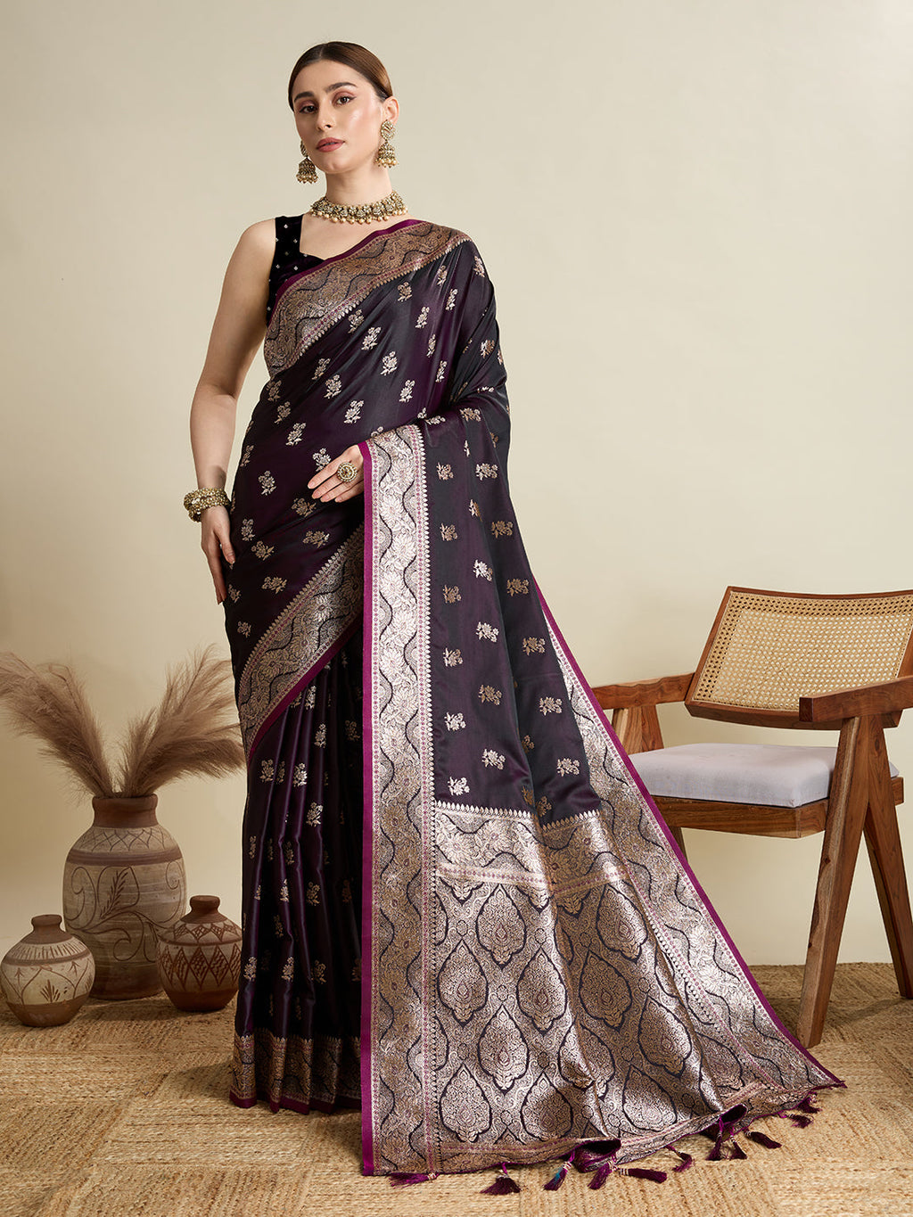 Deep Maroon satin wedding saree with all-over jari motifs and matching pallu