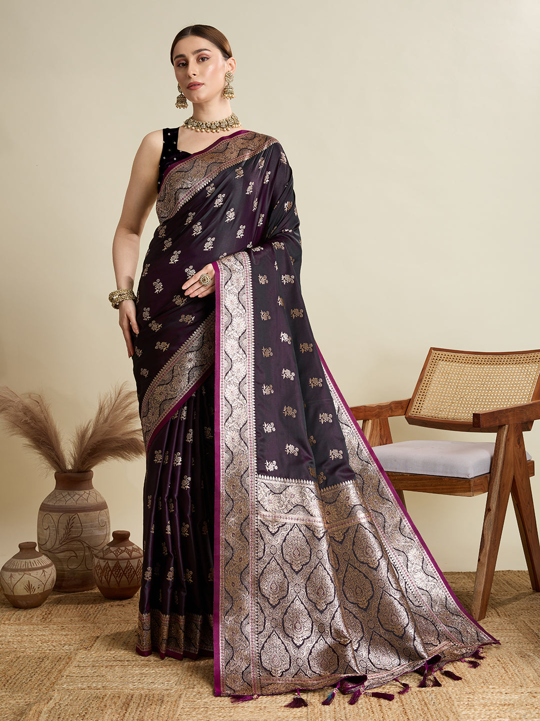 Deep Maroon satin wedding saree with all-over jari motifs and matching pallu