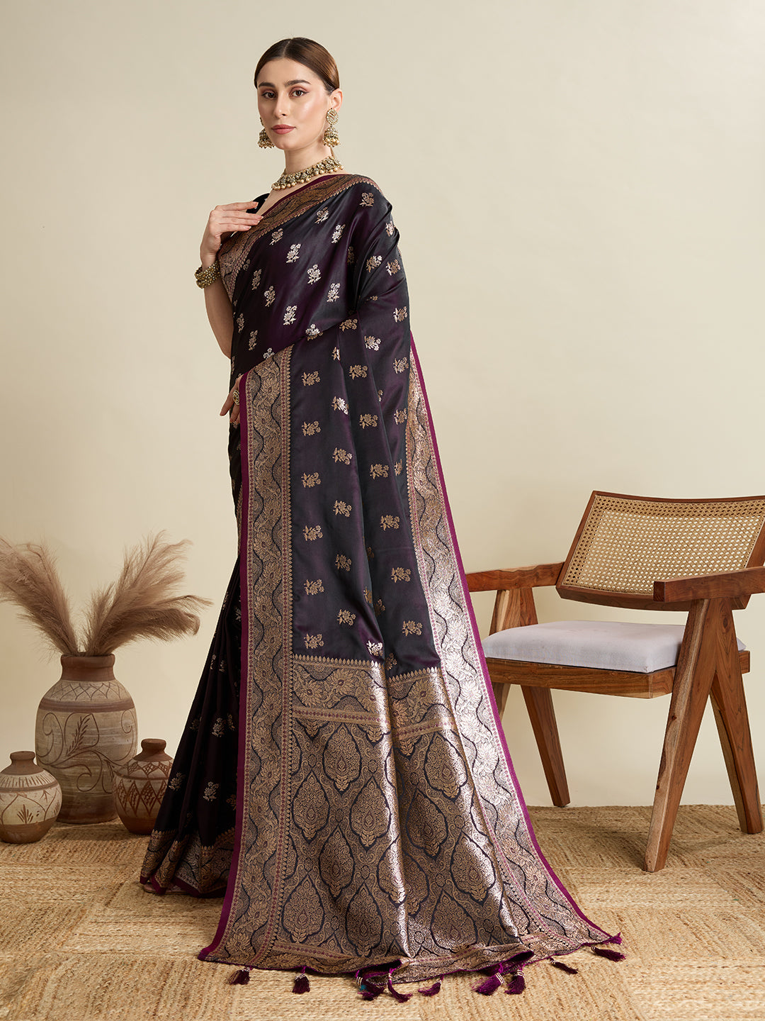 Deep Maroon Satin Wedding Saree with Jari Motifs & Pallu