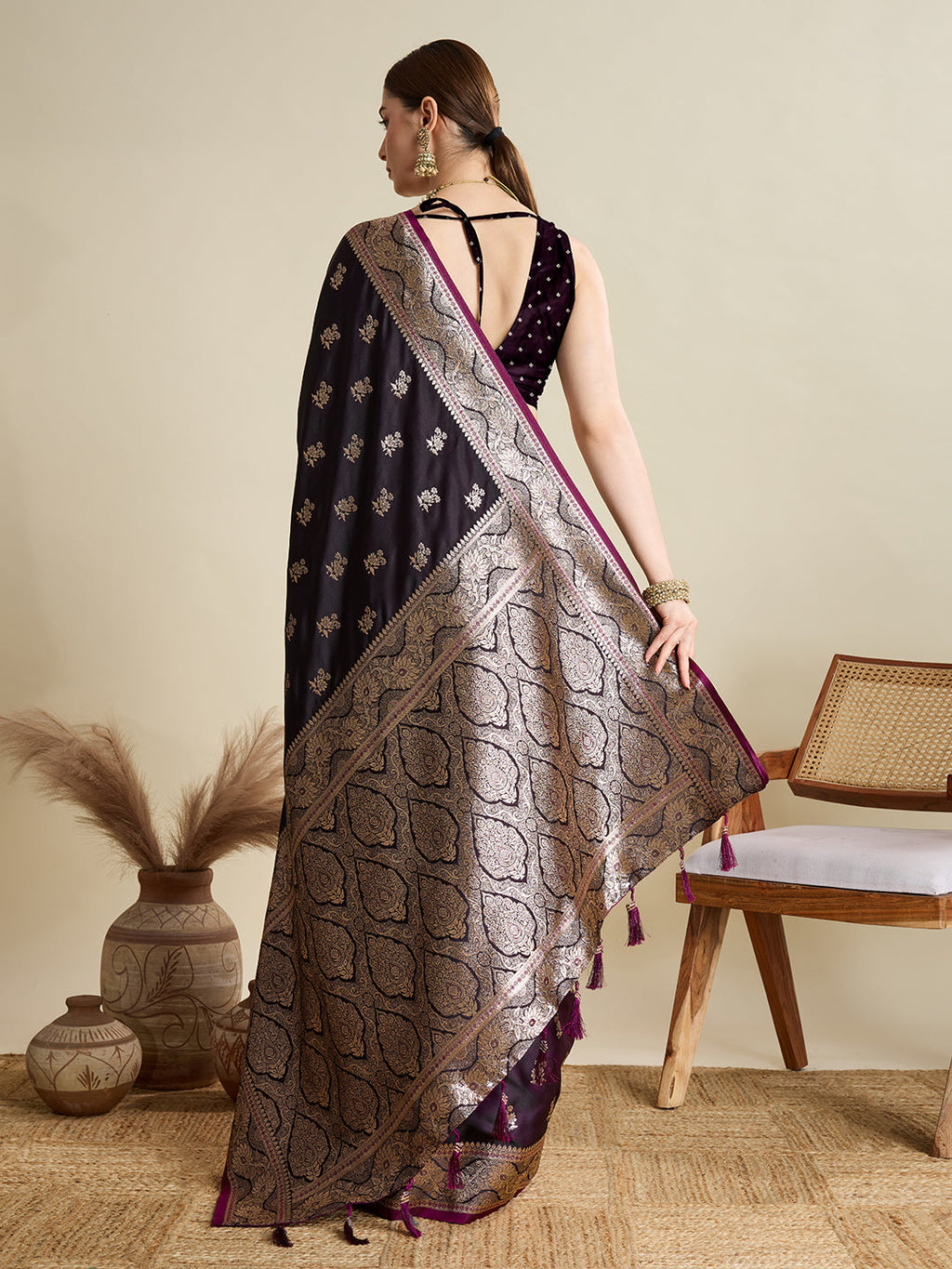Deep Maroon Satin Wedding Saree with Jari Motifs & Pallu
