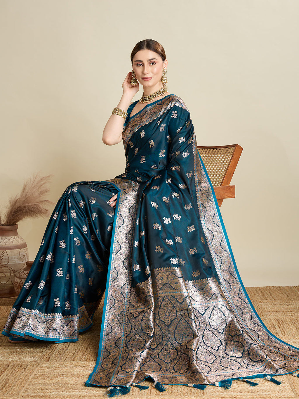 Peacock Blue Satin Wedding Saree With Jari Motifs