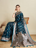 Peacock Blue Satin Wedding Saree With Jari Motifs