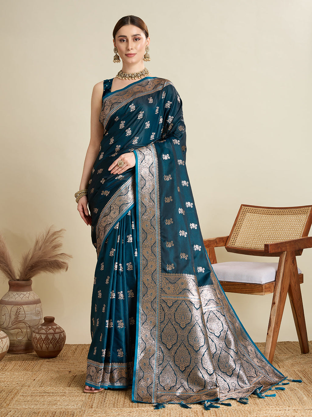 Peacock blue satin wedding saree with all-over jari motifs