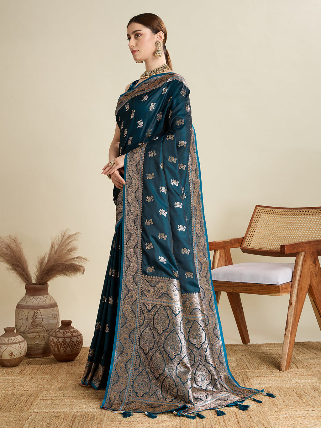 Peacock Blue Satin Wedding Saree With Jari Motifs