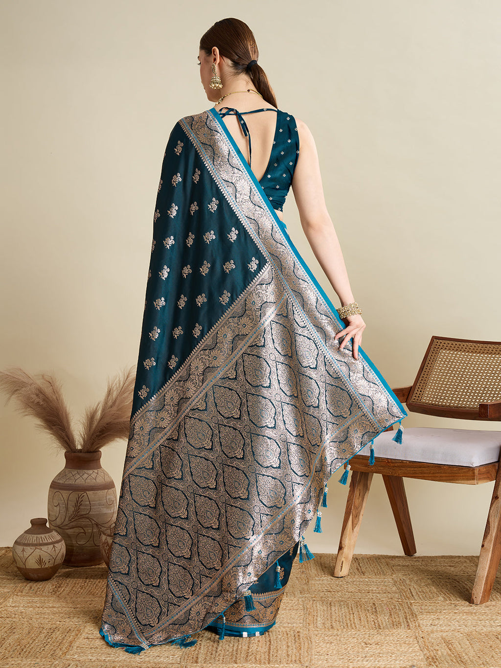 Peacock Blue Satin Wedding Saree With Jari Motifs