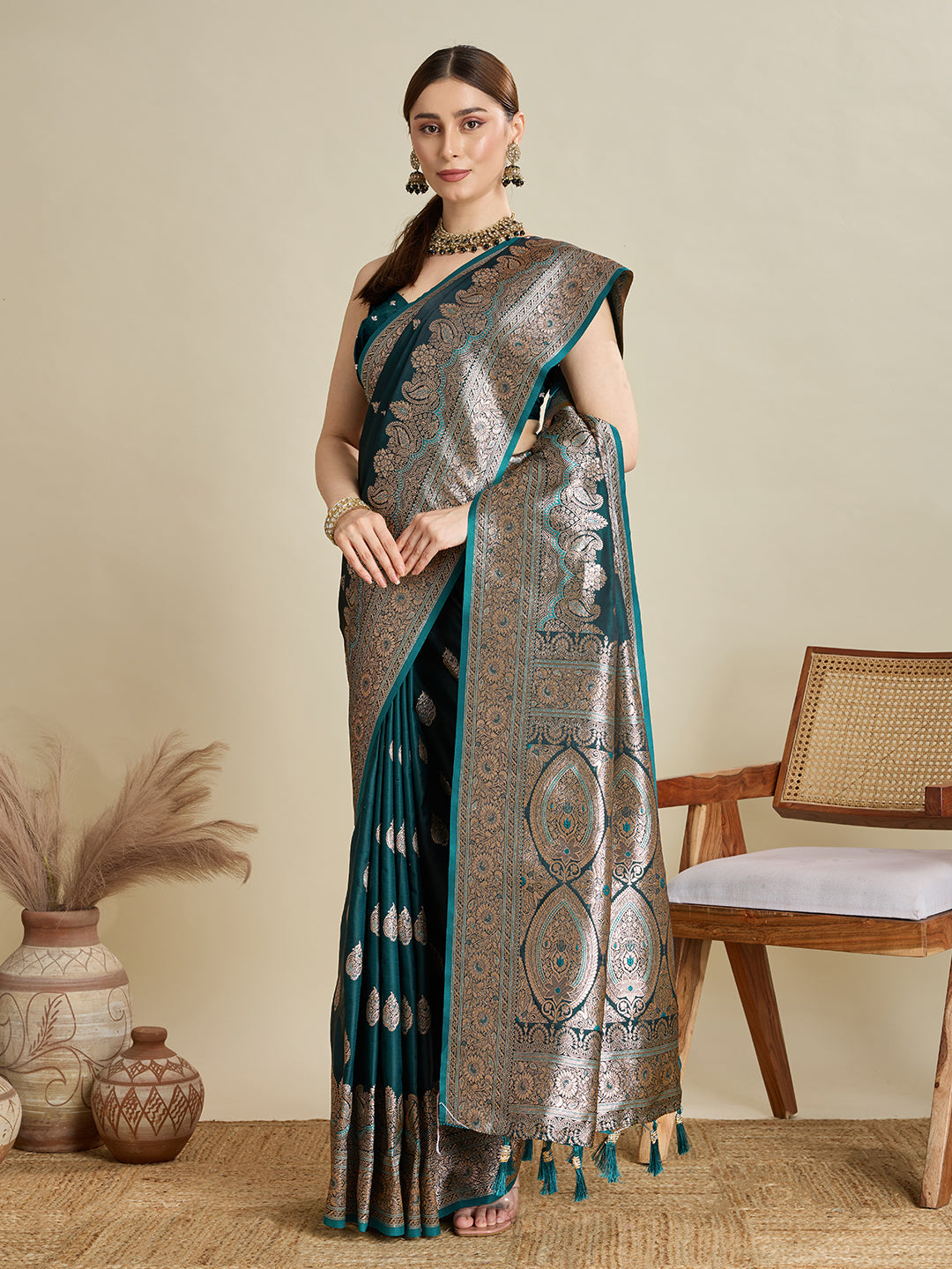 Teal Green Satin Saree with All-Over Jari Motifs