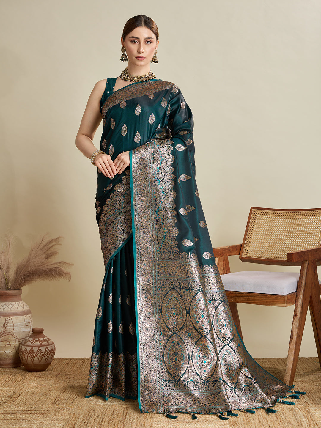 Teal green satin wedding saree with all-over jari motif embroidery
