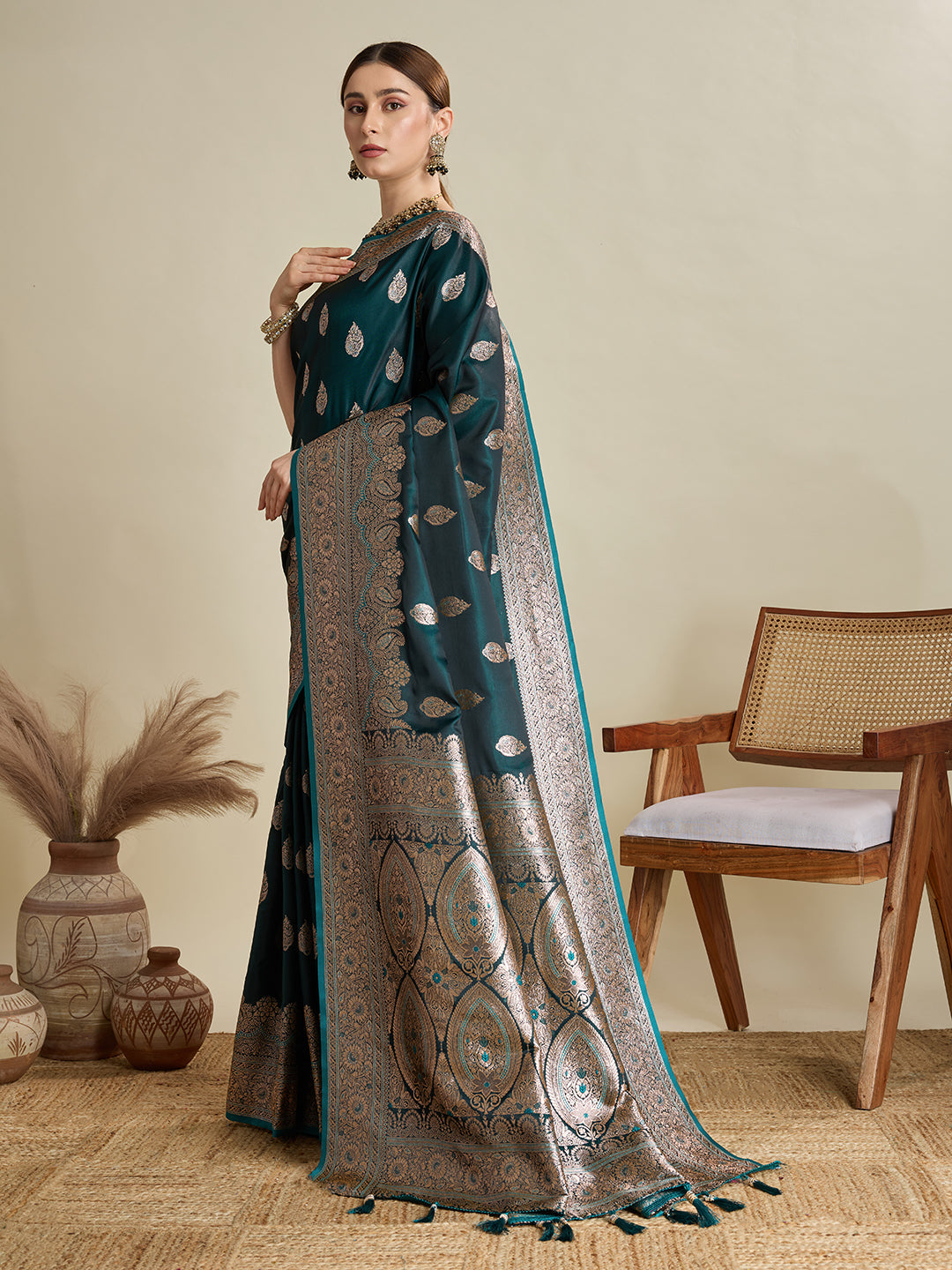 Teal Green Satin Saree with All-Over Jari Motifs