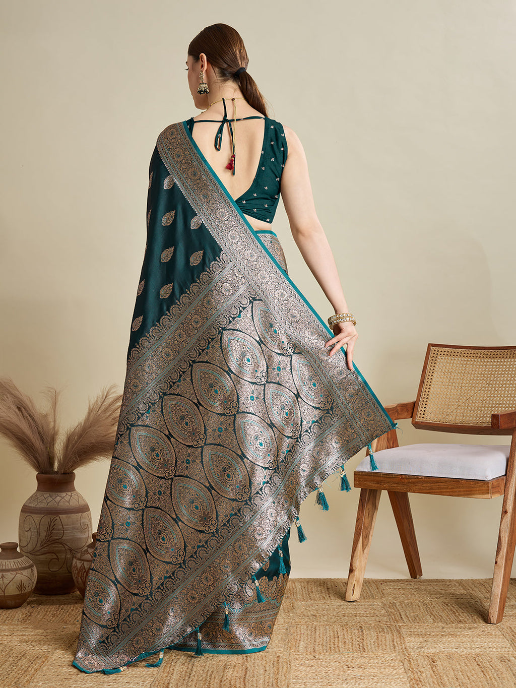 Teal Green Satin Saree with All-Over Jari Motifs