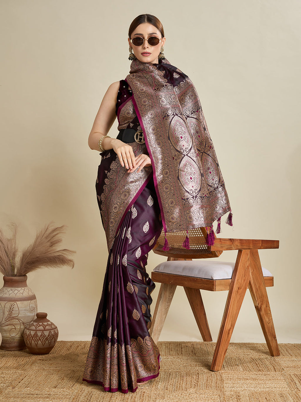 Deep Maroon Satin Wedding Saree with All-Over Jari Motifs