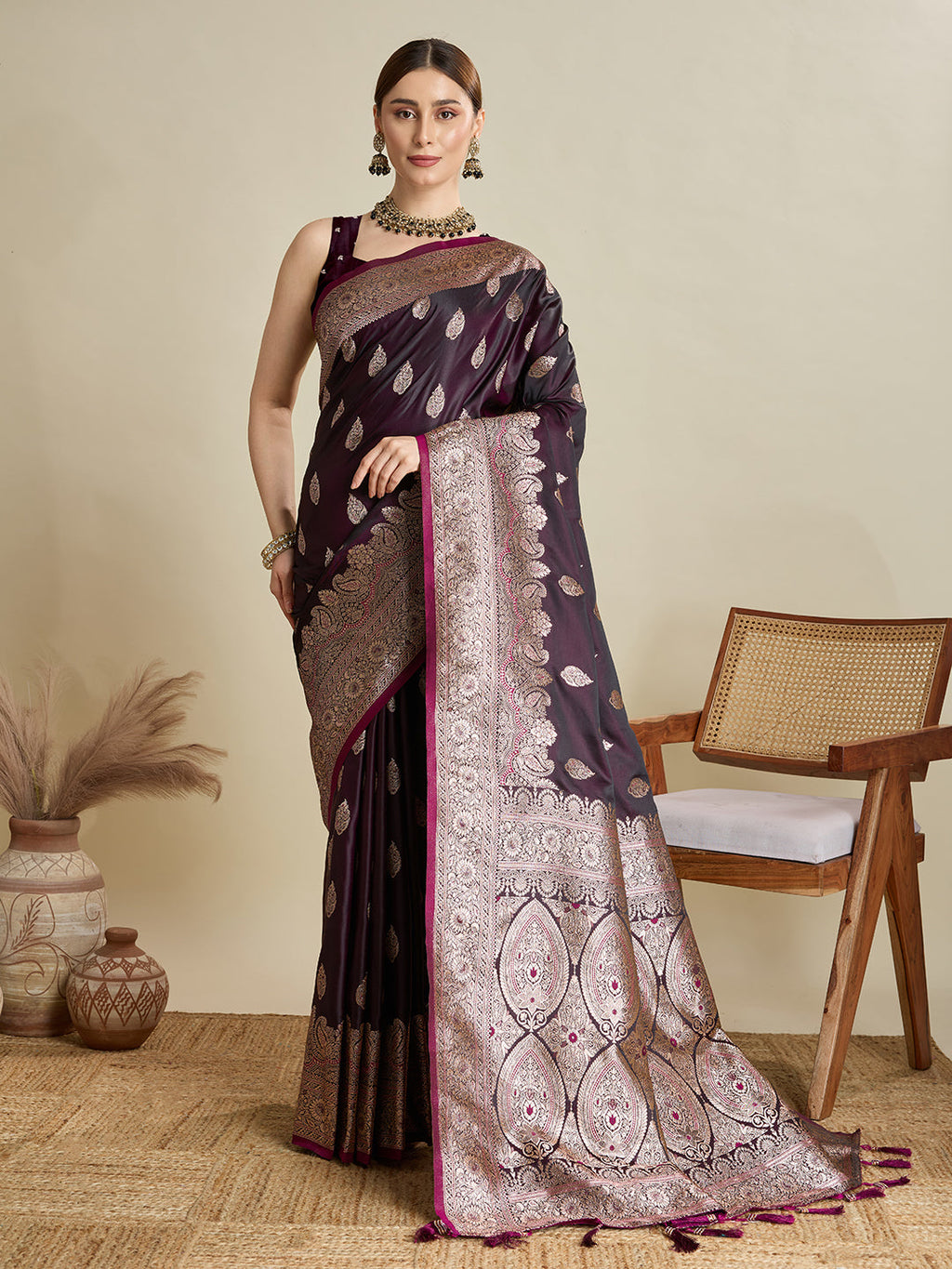 Deep Maroon satin wedding saree with golden jari motifs and unstitched blouse