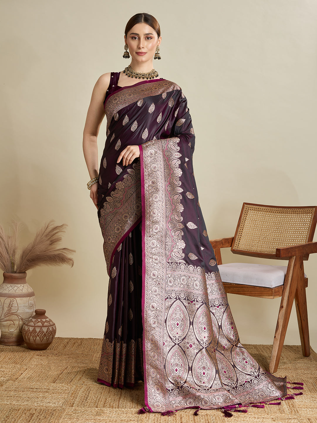 Deep Maroon satin wedding saree with golden jari motifs and unstitched blouse