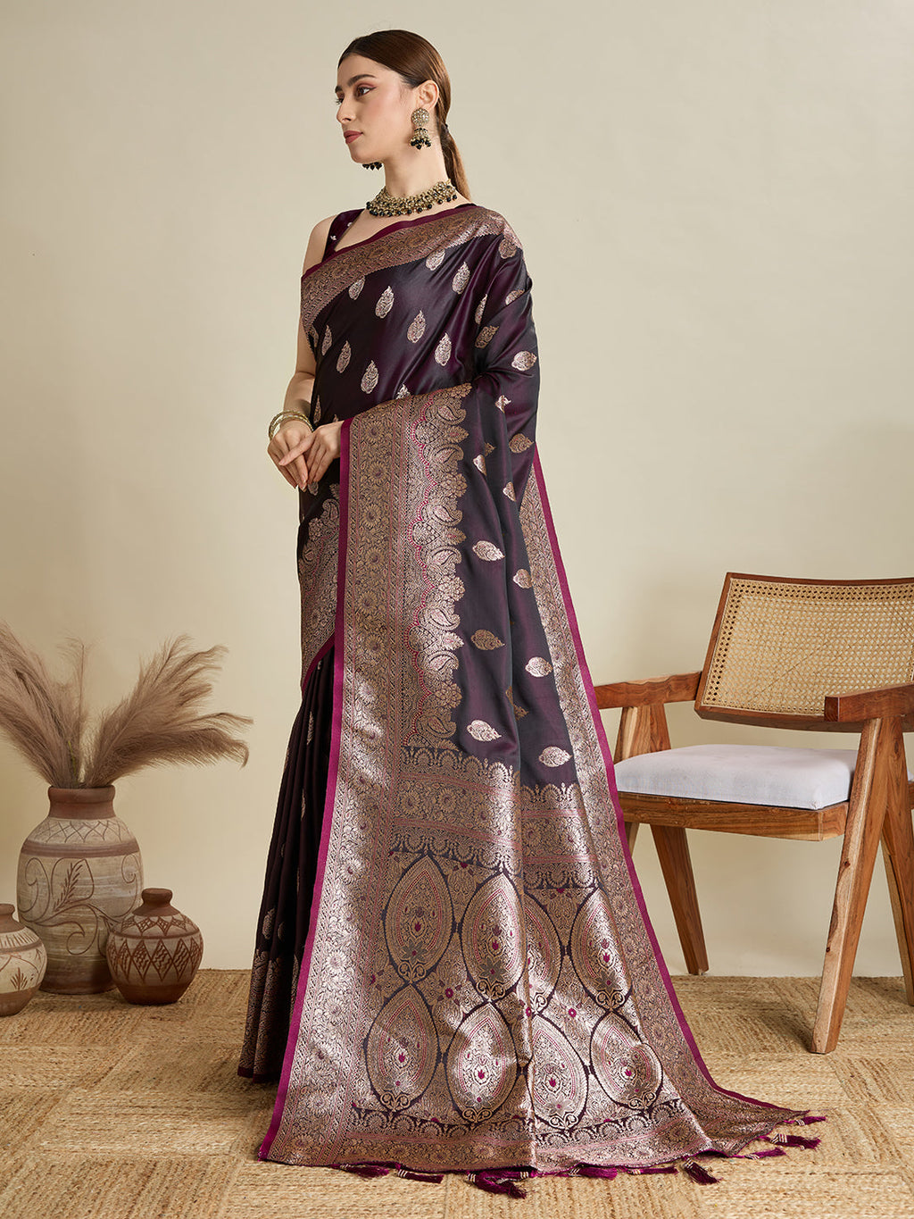 Deep Maroon Satin Wedding Saree with All-Over Jari Motifs