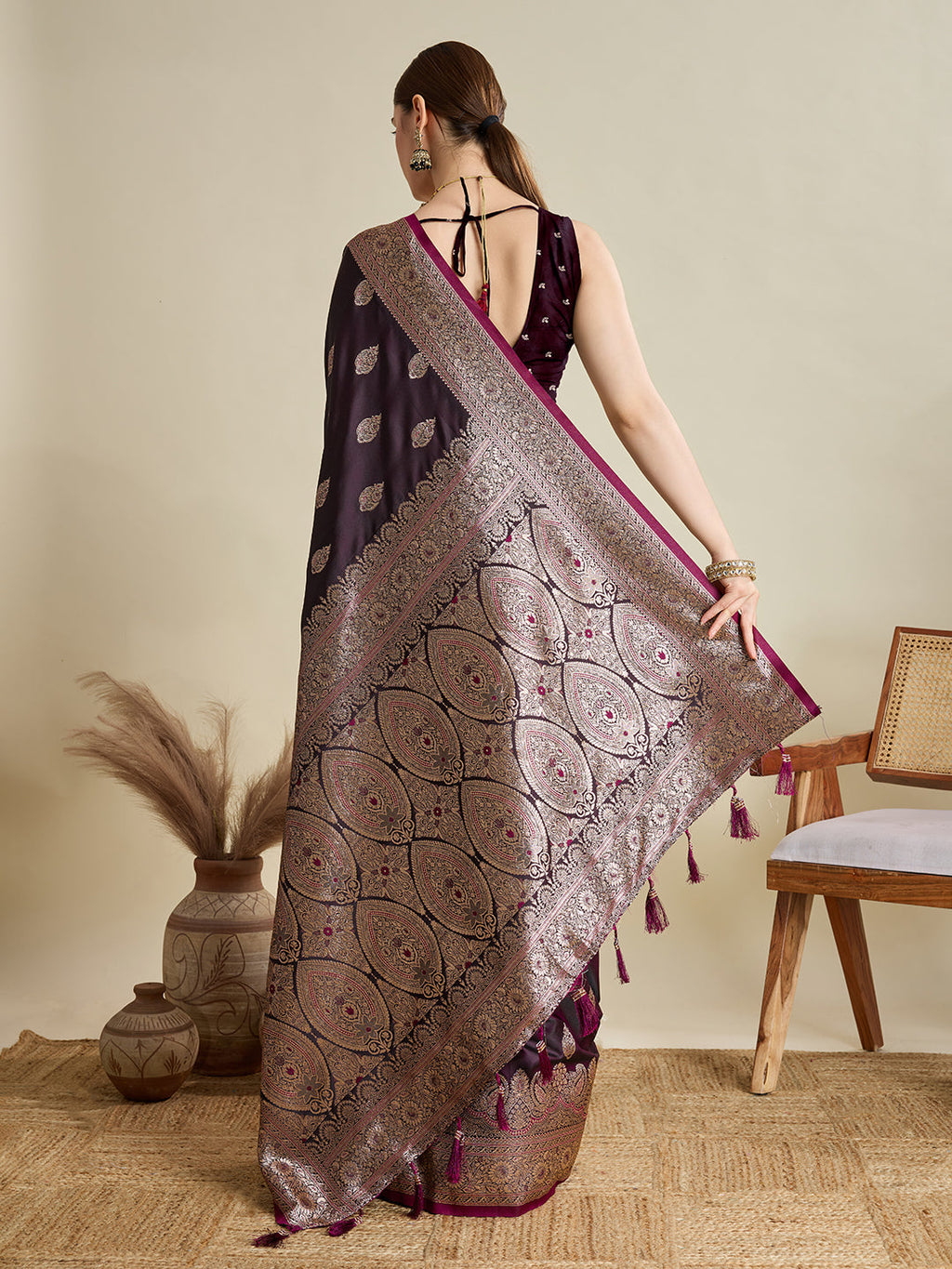 Deep Maroon Satin Wedding Saree with All-Over Jari Motifs