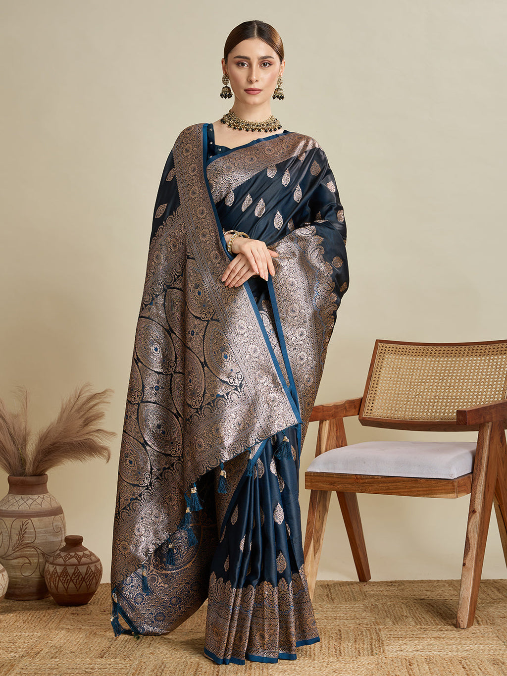 Deep Teal Blue Satin Wedding Saree with Jari Motifs and Blouse