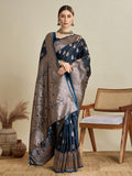Deep Teal Blue Satin Wedding Saree with Jari Motifs and Blouse