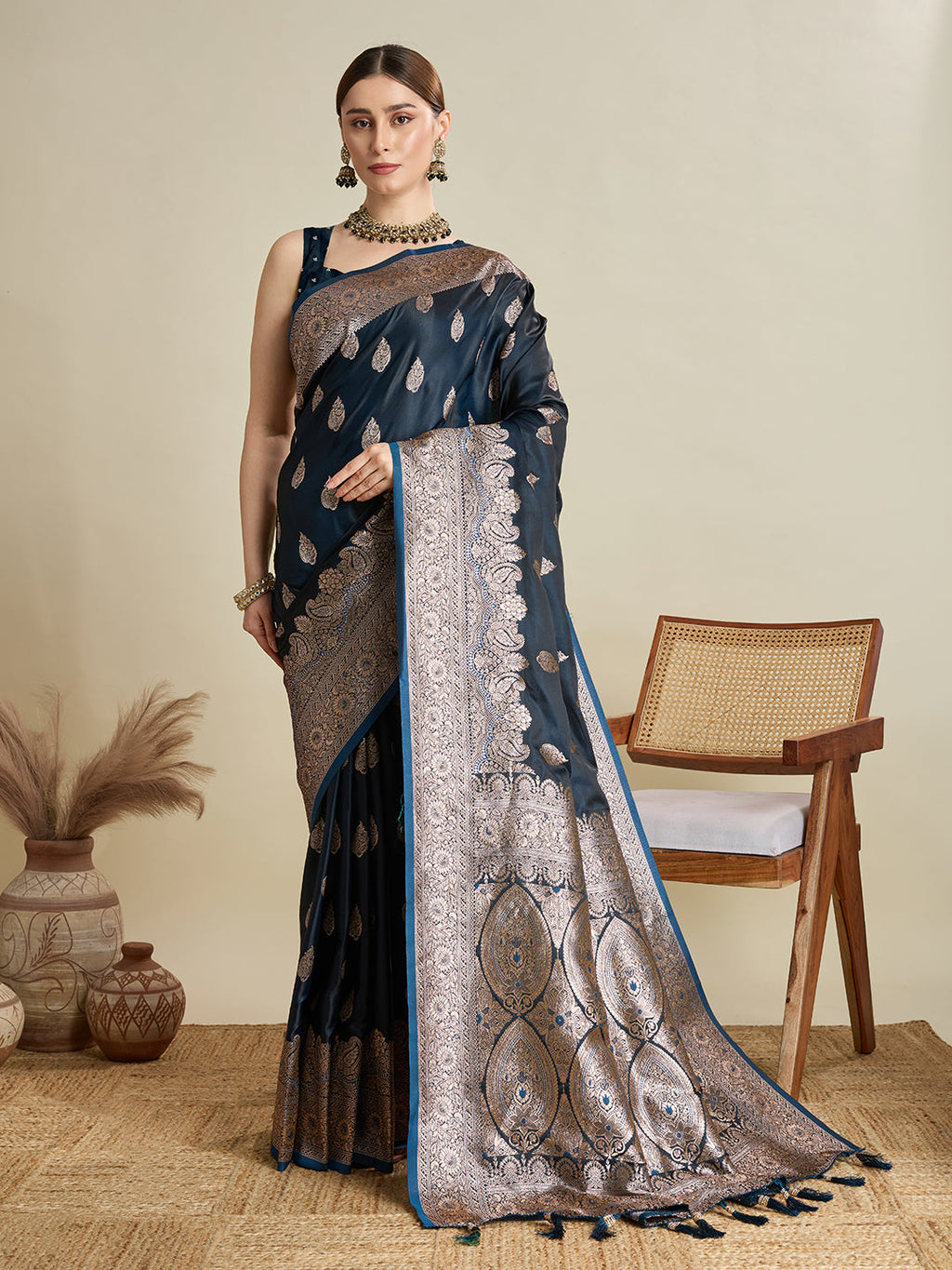 Deep Teal Blue satin wedding saree with jari motifs and unstitched blouse piece