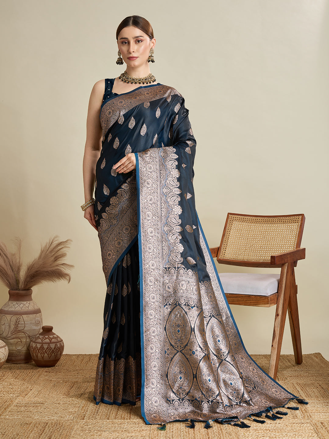 Deep Teal Blue satin wedding saree with jari motifs and unstitched blouse piece