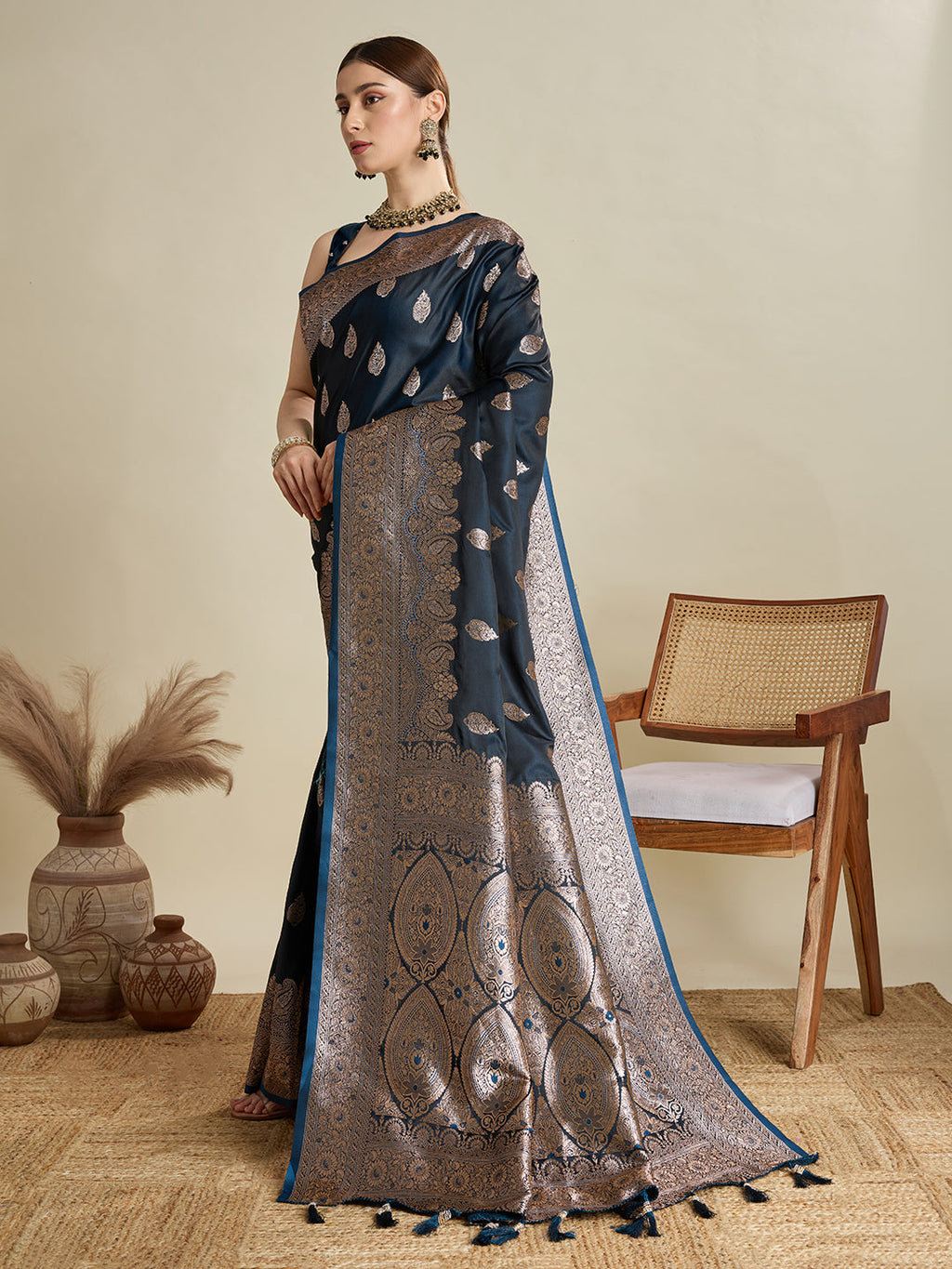 Deep Teal Blue Satin Wedding Saree with Jari Motifs and Blouse