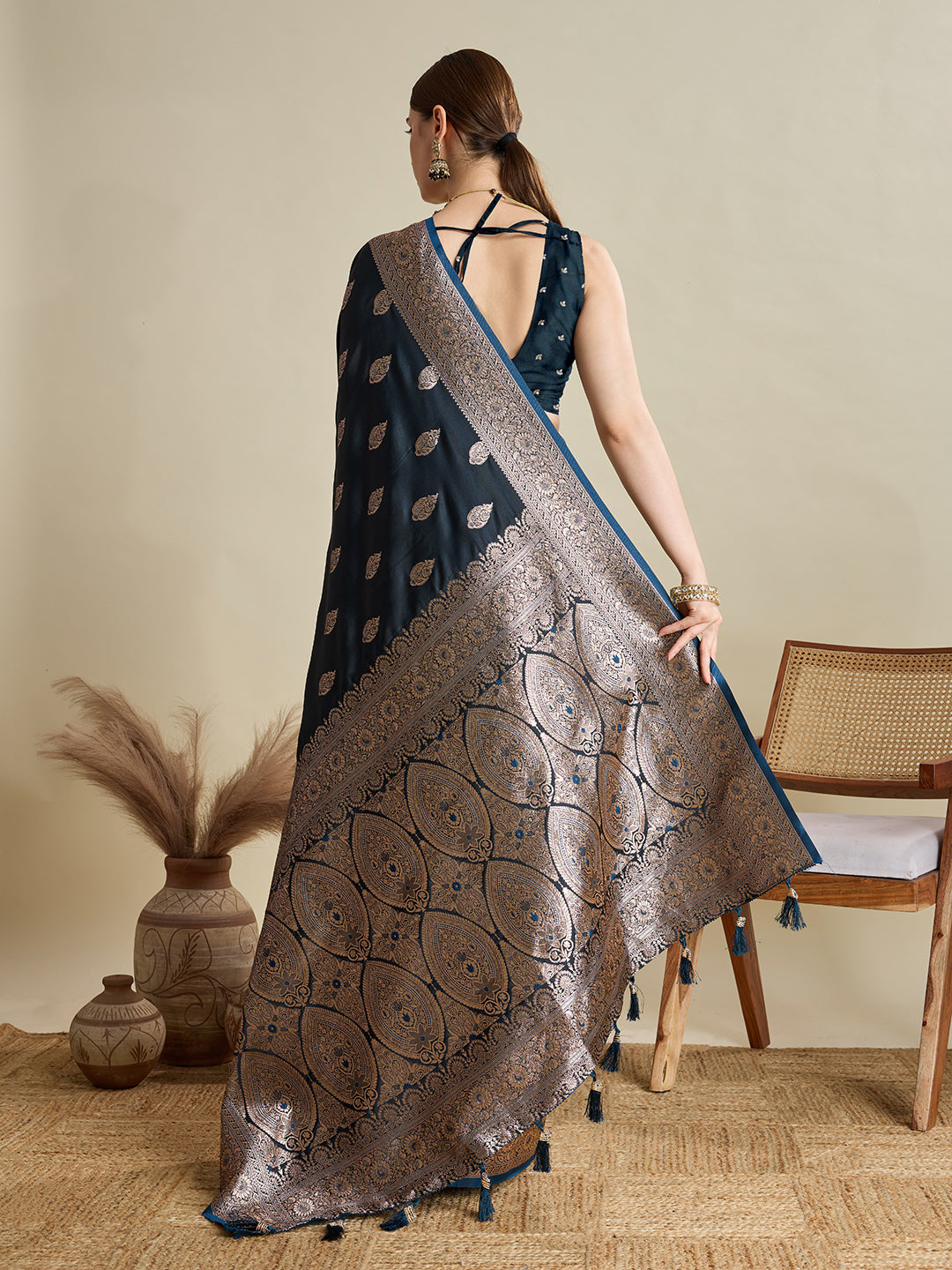 Deep Teal Blue Satin Wedding Saree with Jari Motifs and Blouse