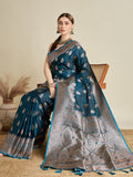 Teal Blue satin saree with zari motifs and unstitched blouse piece