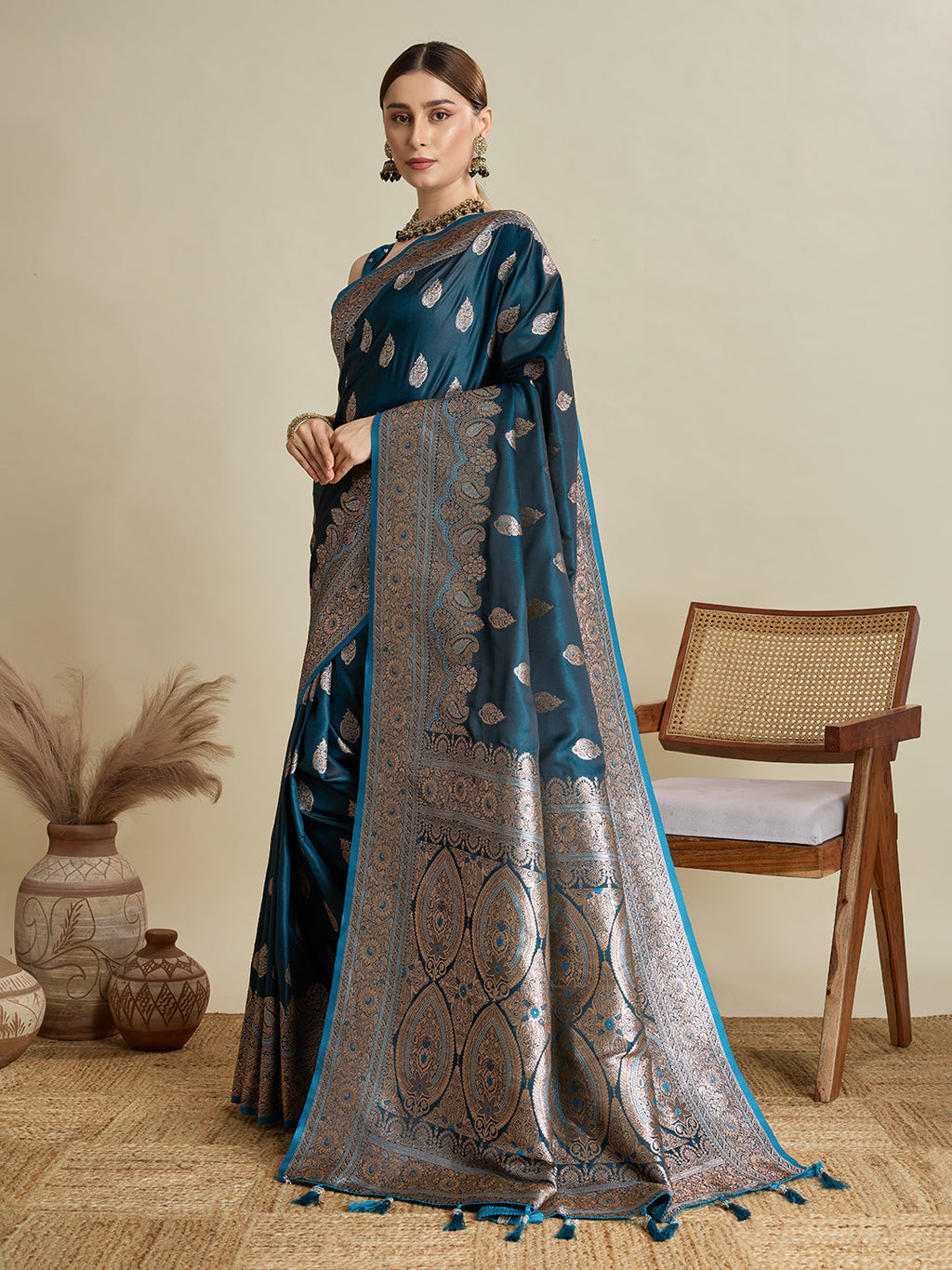 Teal Blue Satin Saree with Jari Motifs and Unstitched Blouse