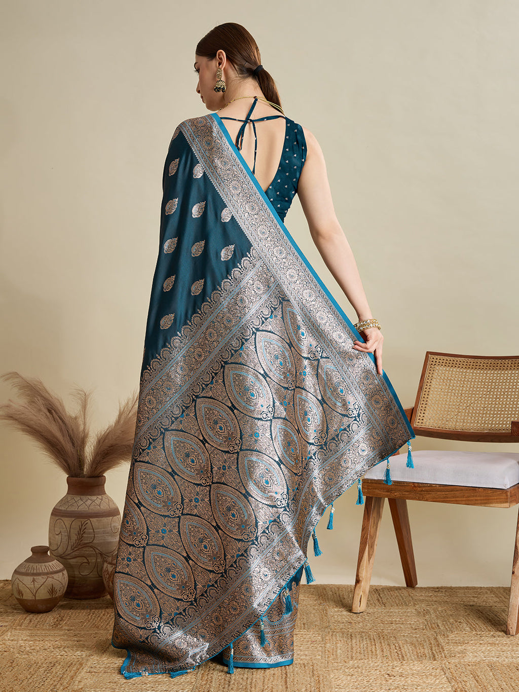 Teal Blue Satin Saree with Jari Motifs and Unstitched Blouse
