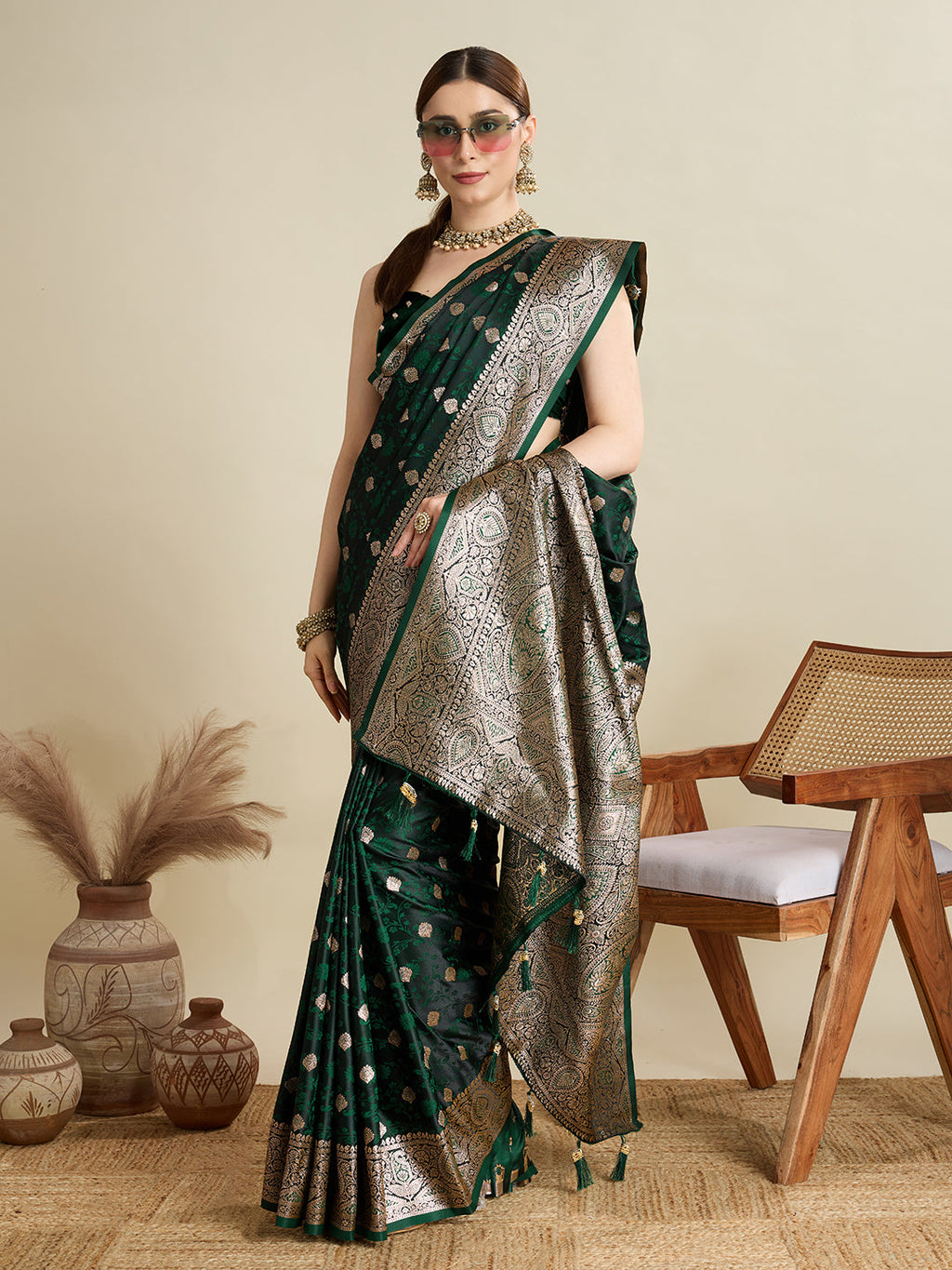 Deep Green Satin Wedding Saree with All-Over Jari Motifs