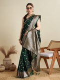 Deep Green Satin Wedding Saree with All-Over Jari Motifs