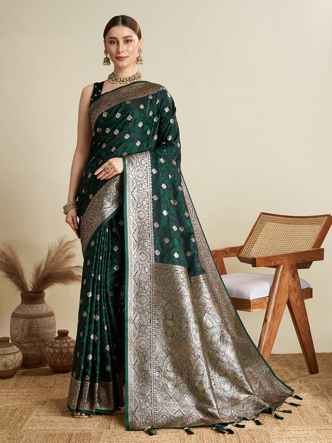 Deep Green Satin Saree with Jari motifs and matching unstitched blouse