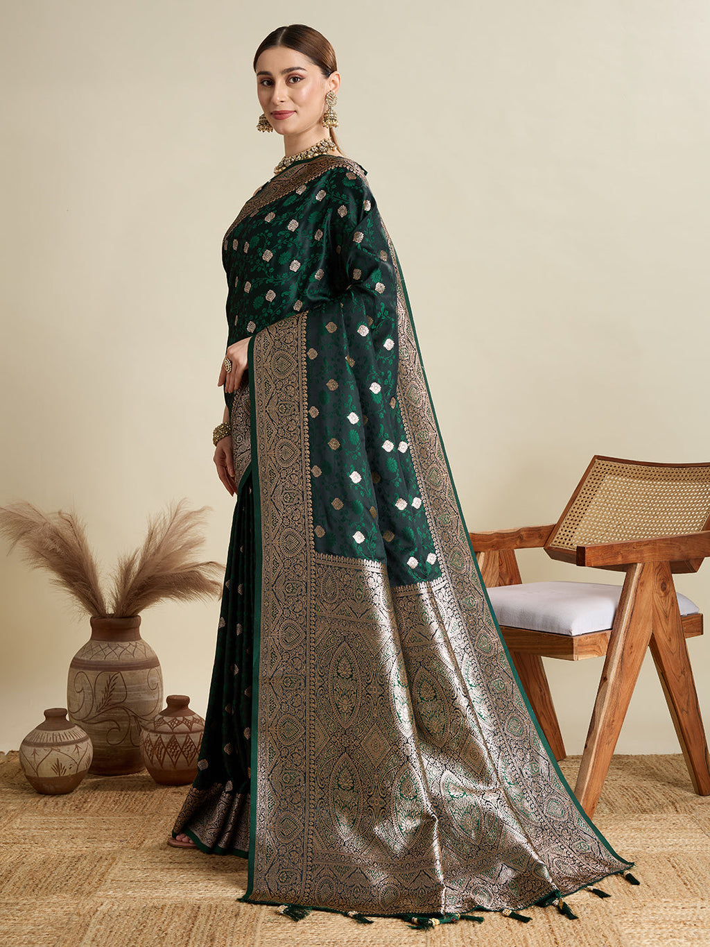 Deep Green Satin Wedding Saree with All-Over Jari Motifs
