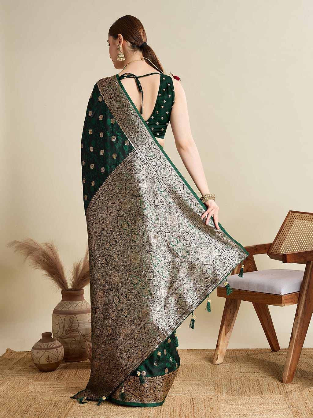 Deep Green Satin Wedding Saree with All-Over Jari Motifs