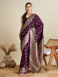 Magenta satin wedding saree with decorative Jari motifs and pallu