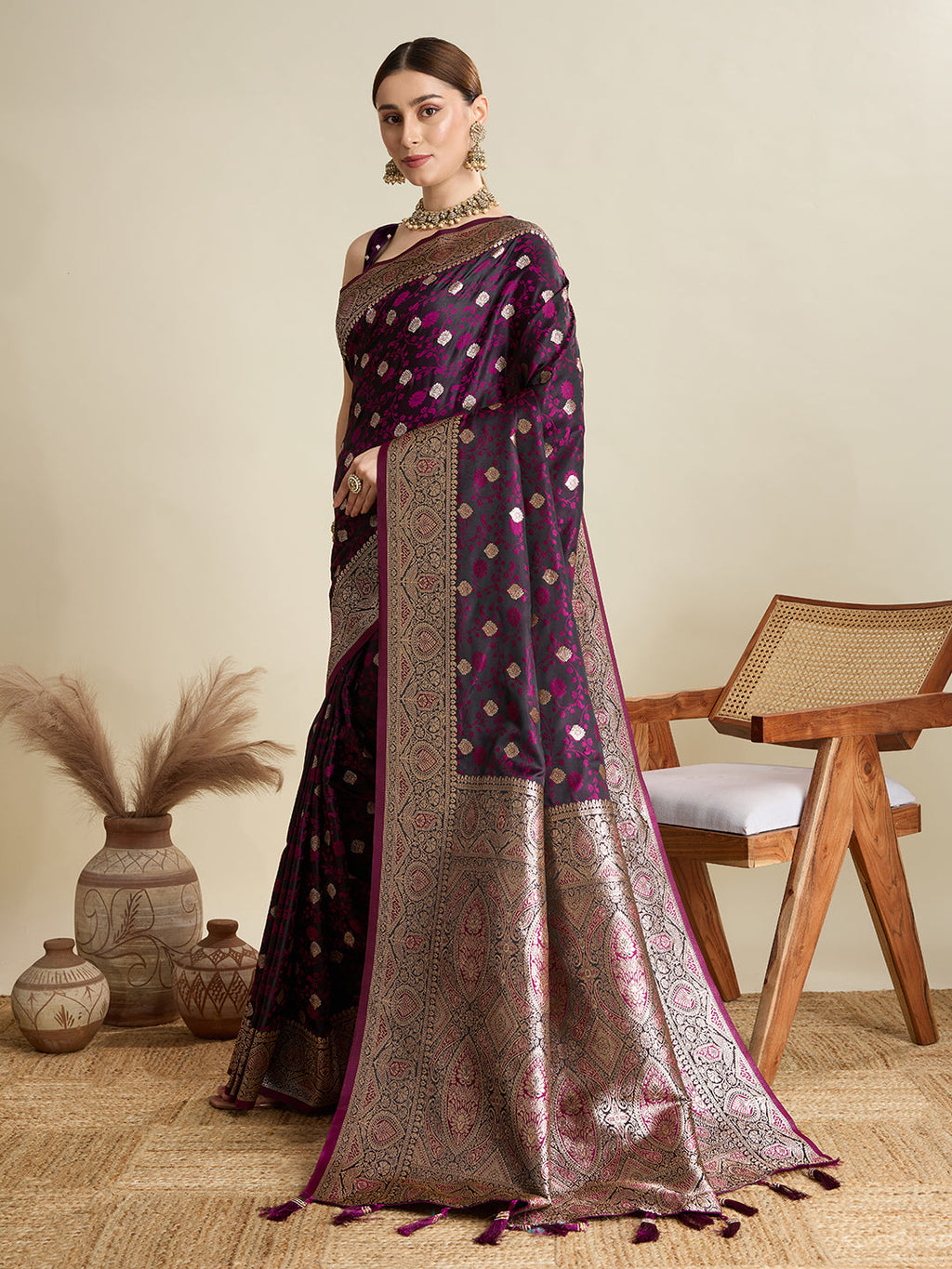 Magenta Satin Wedding Saree with Jari Motifs and Pallu