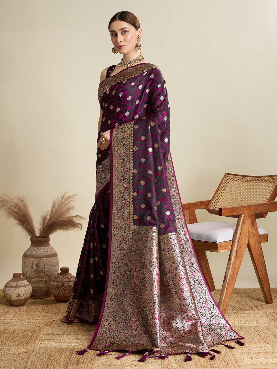 Magenta Satin Wedding Saree with Jari Motifs and Pallu
