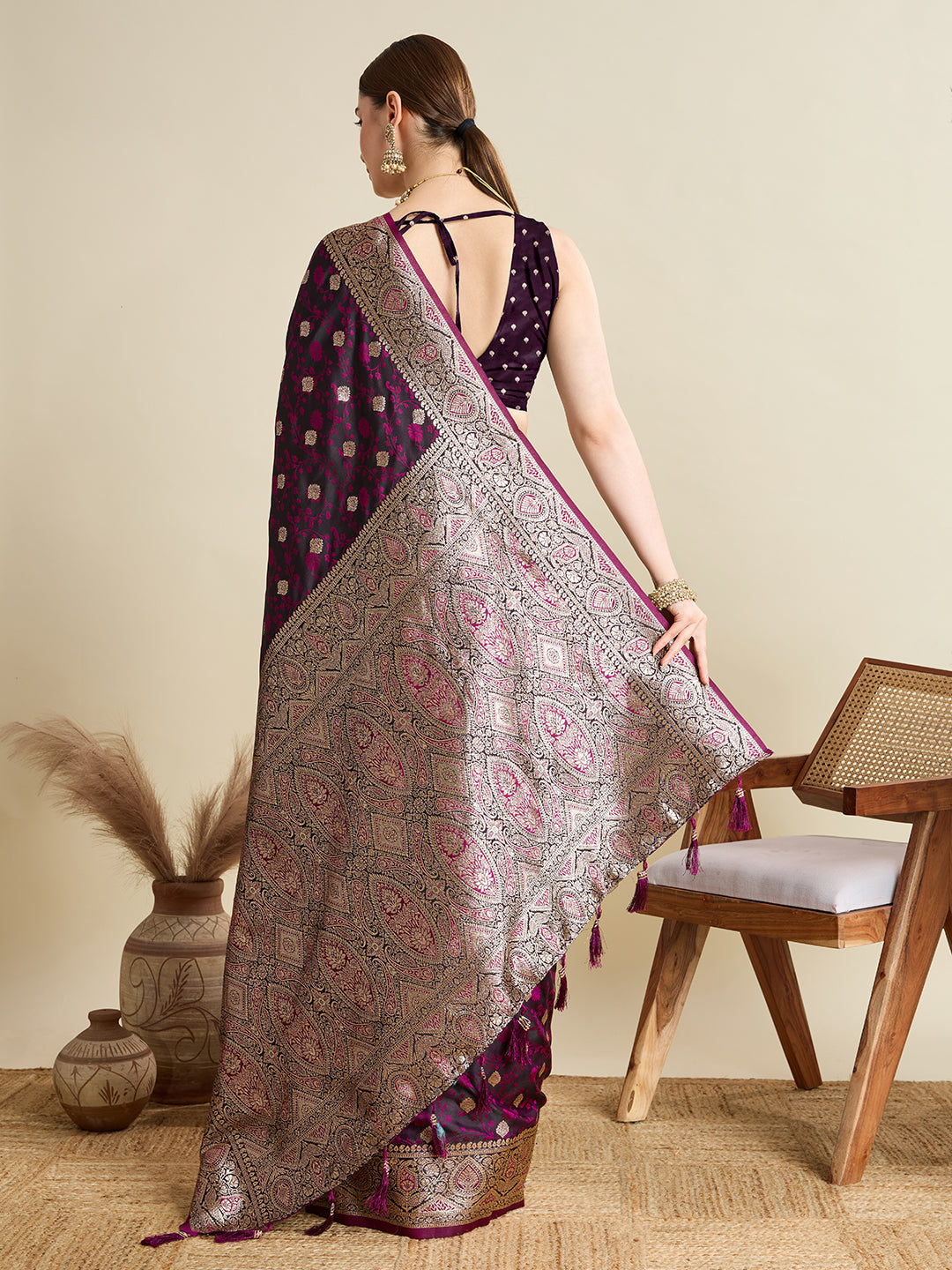Magenta Satin Wedding Saree with Jari Motifs and Pallu