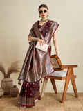 Deep Maroon Satin Wedding Saree with All-Over Jari Motifs