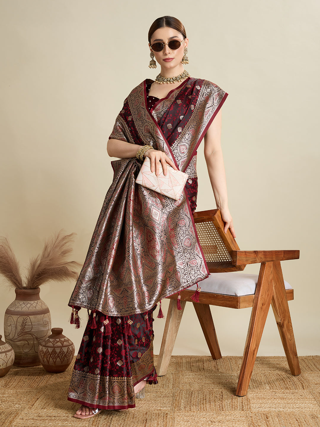 Deep Maroon Satin Wedding Saree with All-Over Jari Motifs